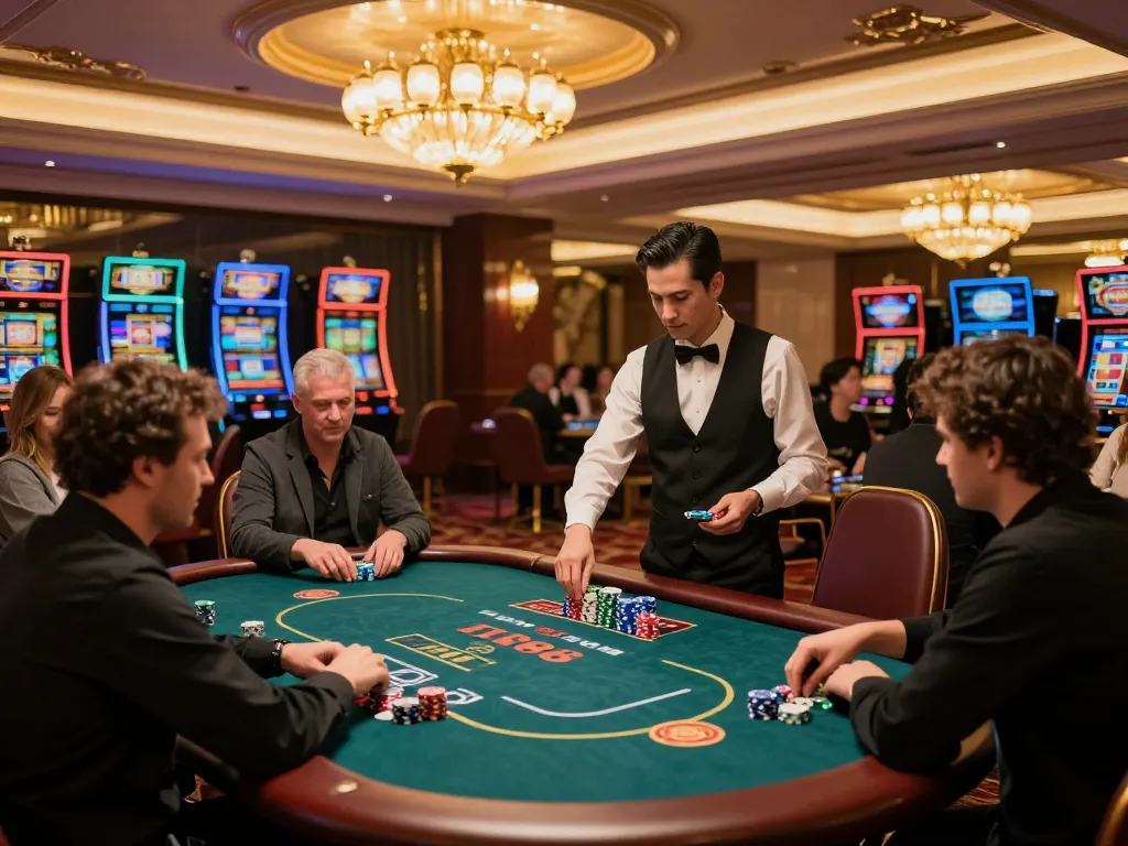 Players strategizing their bets at TR88 casino tables under warm lighting