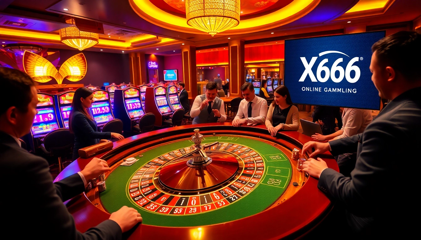 Xoso66 players enjoying an exciting roulette game in a vibrant casino setting.