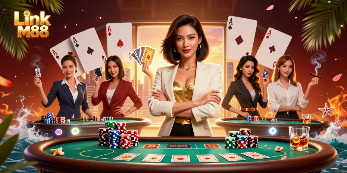 Play cards and win with Link M88, featuring an elegant Asian woman in a glamorous casino setting.