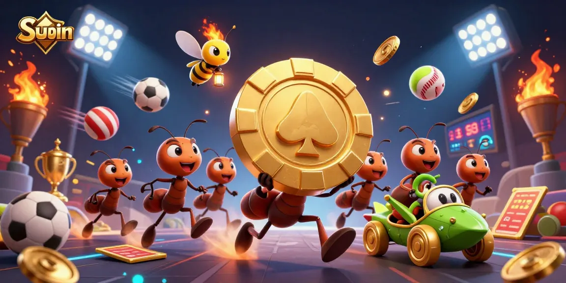 Experience the excitement of Sunwin with playful ants heisting a golden poker chip in a vibrant casino adventure.