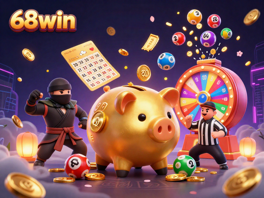 Join the thrilling action at 68win with a sumo wrestler piggy bank and ninja, bursting with colorful lottery excitement!