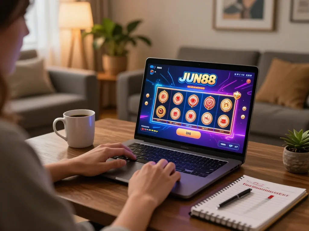 Player enjoying poker on Jun88 site from home with strategy notebook and cozy decor