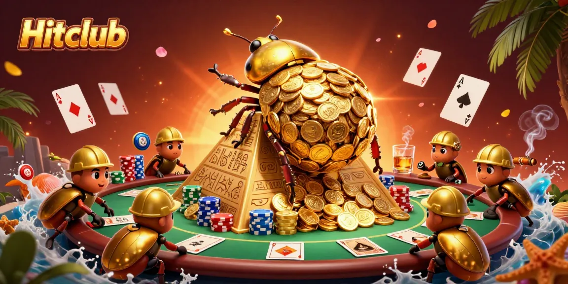 Hitclub showcases an exciting scene with golden beetles rolling coins and vibrant casino elements.