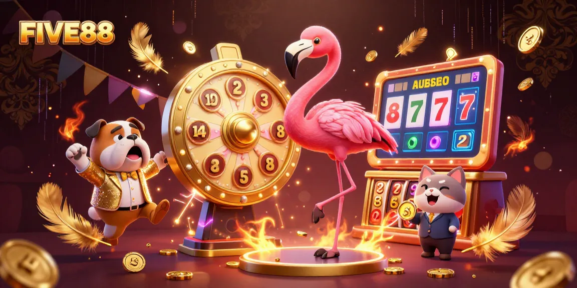 Engage in thrilling gaming at FIVE88 with vibrant characters, spinning prizes, and exciting casino action.