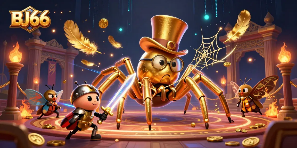 BJ66 delivers an exciting casino experience with a golden tarantula, a beetle knight, and moth spectators amidst vibrant gaming elements.