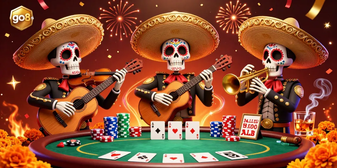 Experience go8's vibrant casino energy with lively mariachi skeletons and dynamic poker action.