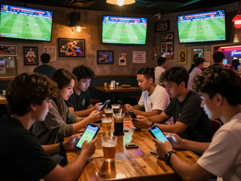 Engaged sports fans experiencing kèo bóng đá trực tuyến live betting in a vibrant bar environment.