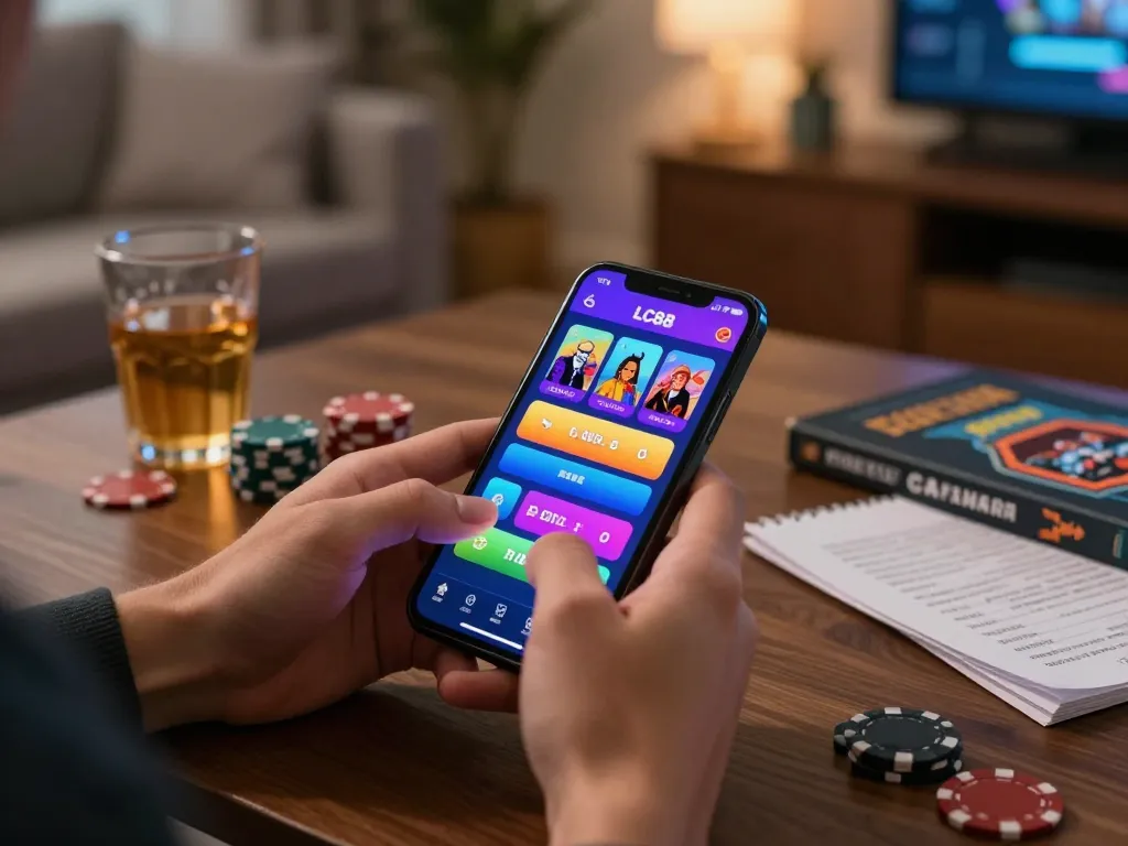 Engaging with the LC88 app for mobile gambling in a cozy home setting.