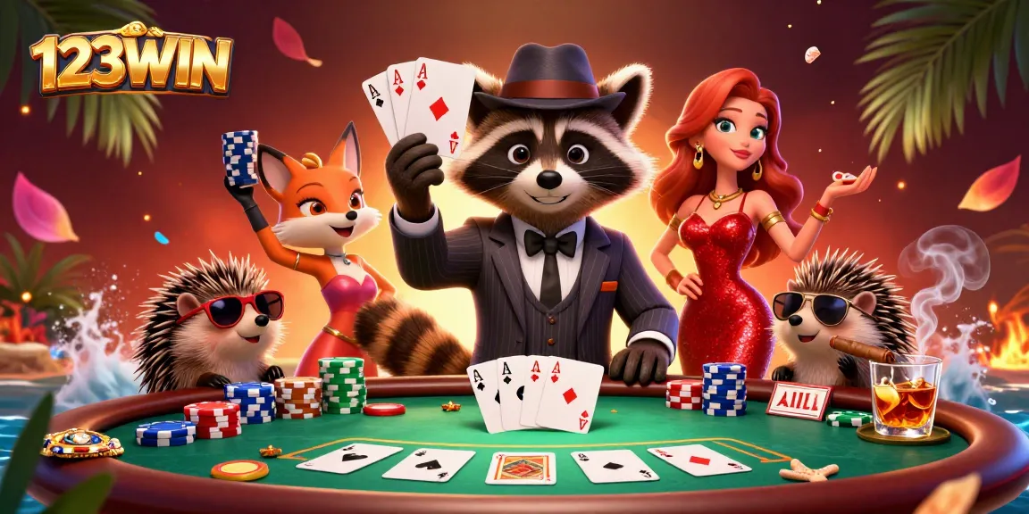 Experience the excitement of 123WIN with a suave raccoon and friends at a vibrant poker table.
