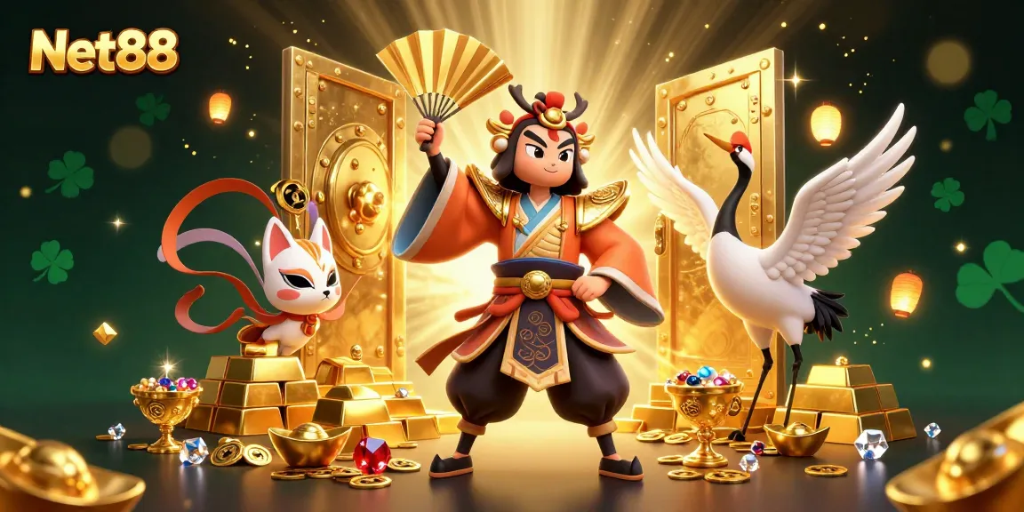 Experience the excitement of Net88 with a dynamic 3D illustration featuring vibrant casino elements and engaging characters.