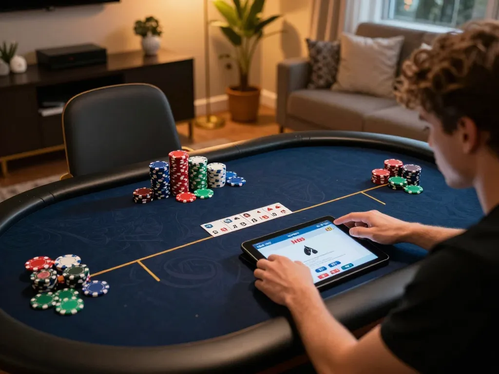 Player enjoying an online poker game session using J188 app with vibrant chips and cozy setting.
