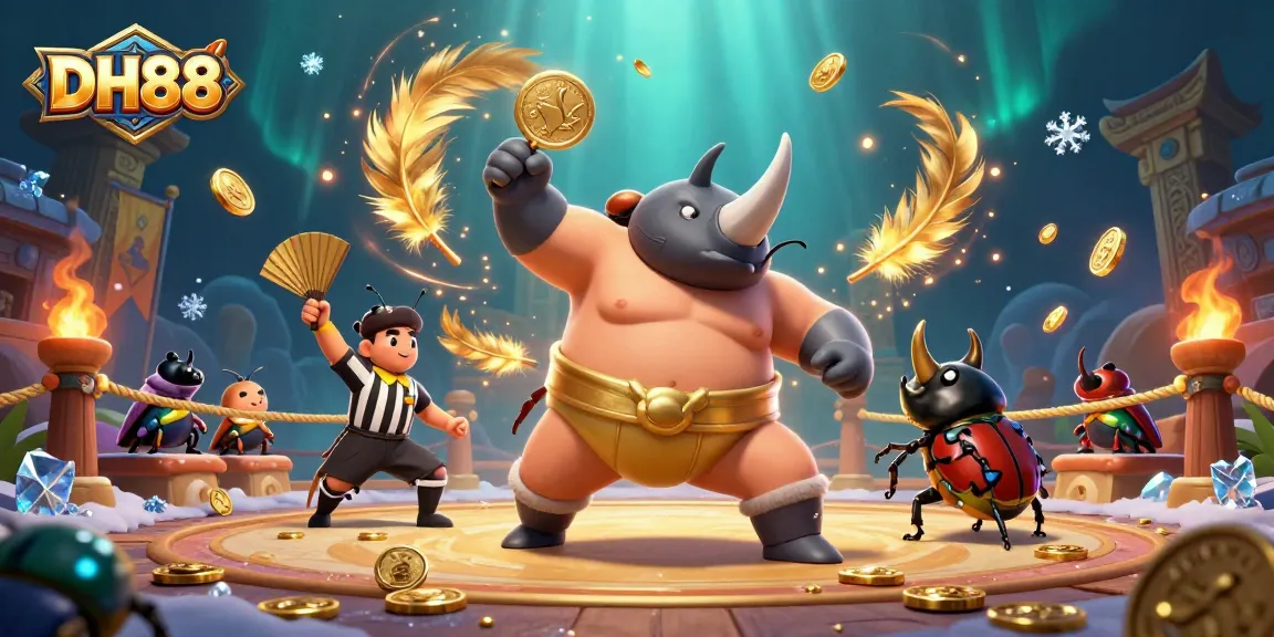 Experience thrilling DH88 action with a powerful rhinoceros beetle sumo champion amidst gold coins and vibrant casino elements.