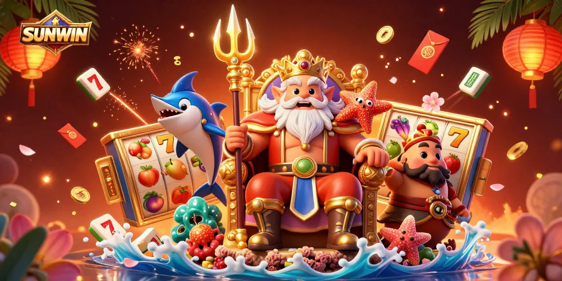 SUNWIN's vibrant 3D casino scene featuring King Neptune, slot reels, and celebratory decorations.