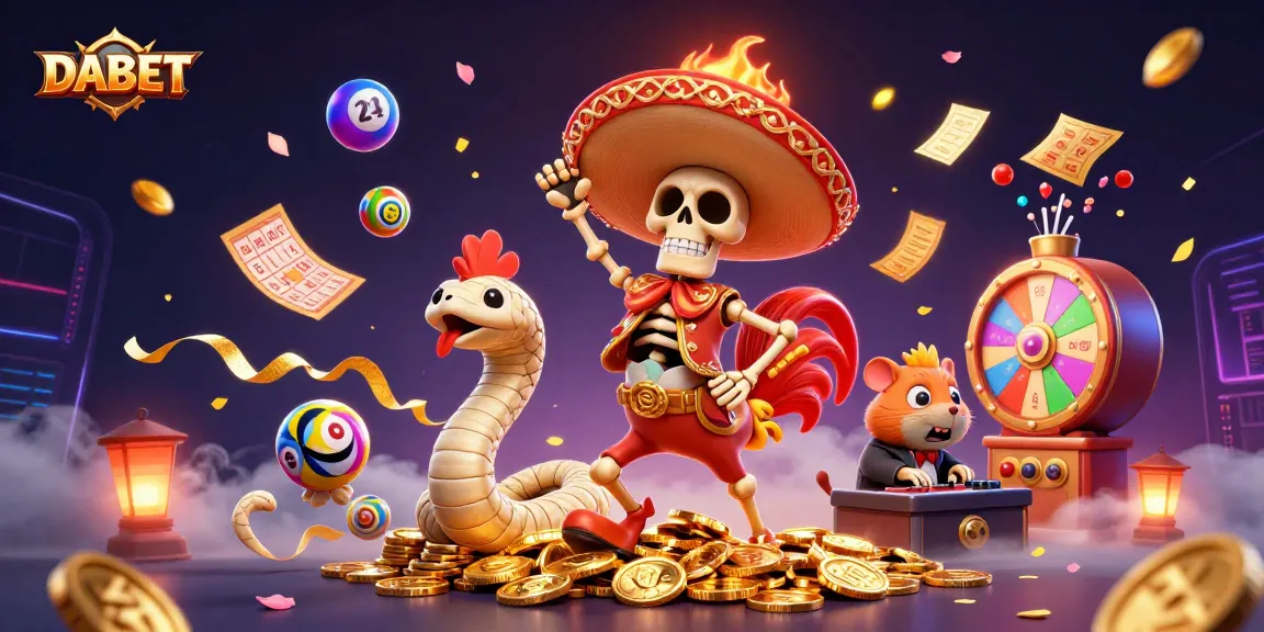 DABET brings excitement with a vibrant cartoon illustration featuring a mariachi rooster celebrating among golden coins and dynamic gaming elements.