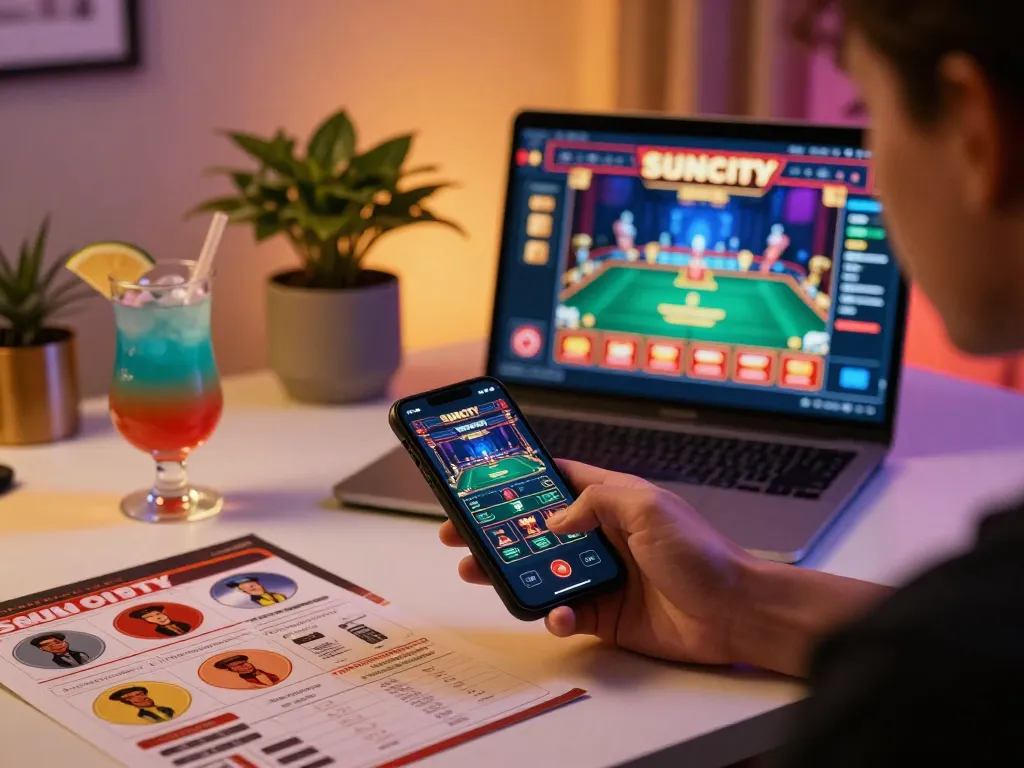 Suncity player enjoying live dealer game on mobile app in a stylish home setting
