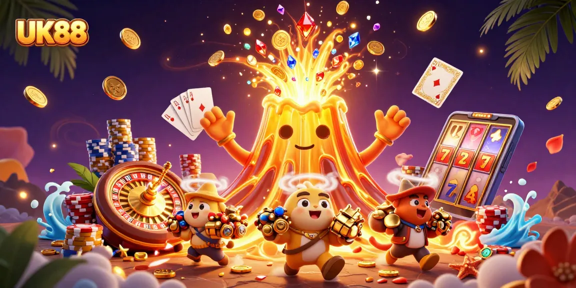 Experience the thrill of UK88 with a surreal 3D casino scene alive with vibrant treasures and action.