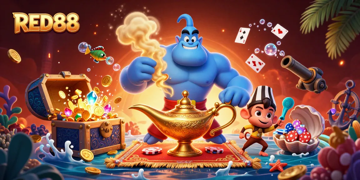 Join the excitement at RED88 with a vibrant scene of magical casino characters and objects.