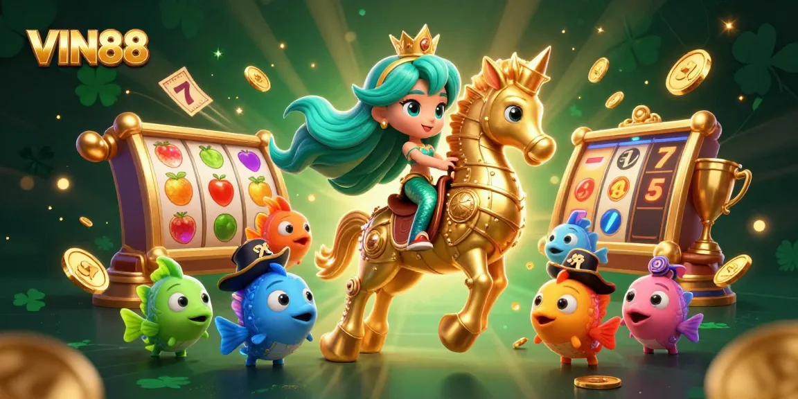 Experience the excitement of VIN88 with a magical mermaid and seahorse, surrounded by colorful slot elements.