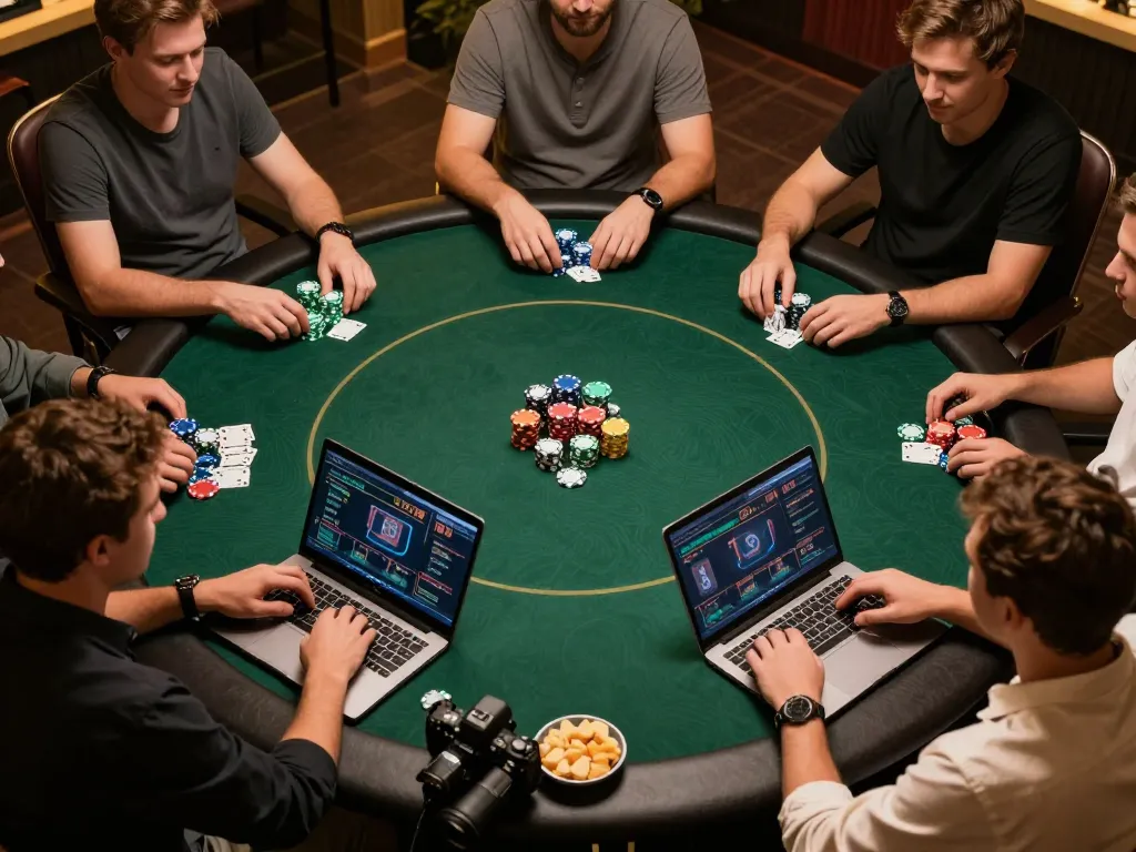Players engage in VSBET online poker, showcasing excitement and strategy in a warm home setting.