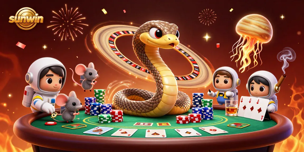 Place bets at sunwin's vibrant casino scene featuring a 3D cartoon Saturn as a roulette wheel.