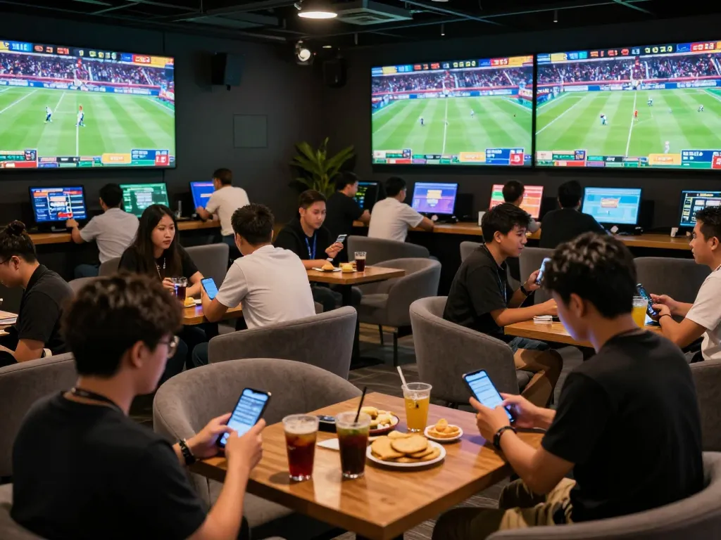 Fans engaging in tỷ lệ kèo trực tuyến at a lively sports betting lounge