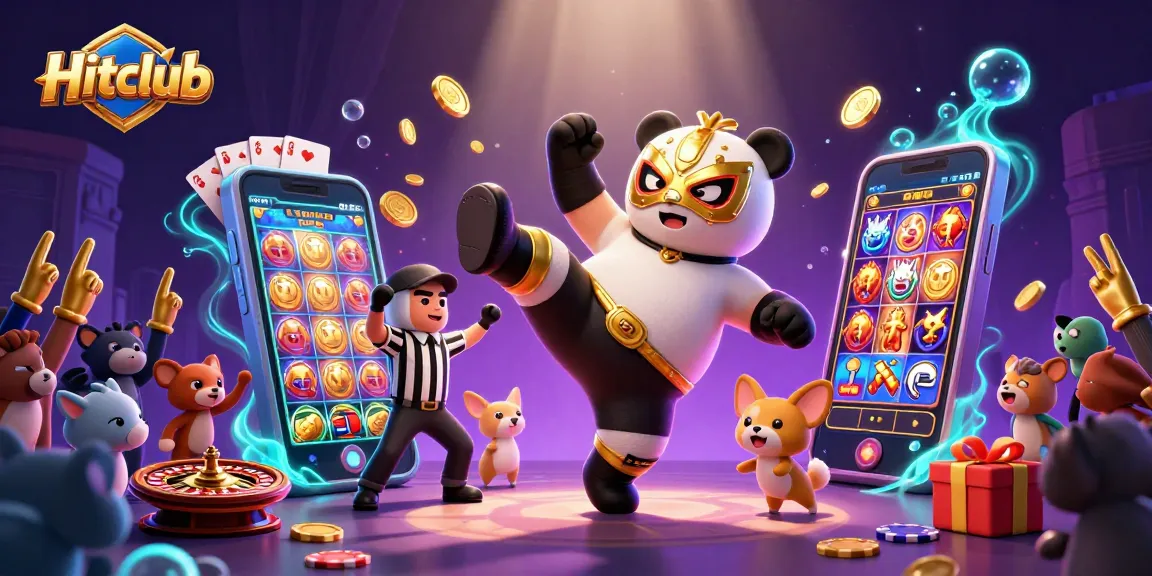 Hitclub energizes the gaming experience with a dynamic 3D scene featuring a wrestling panda.