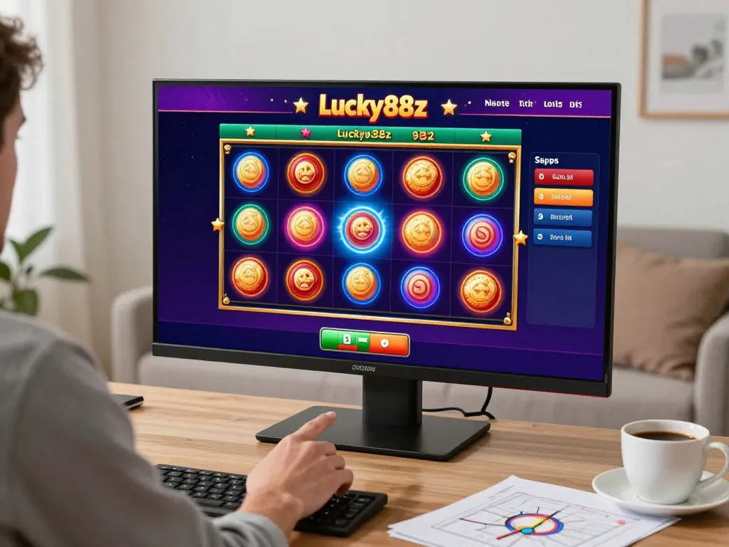 Engaged player spinning lucky88z online slots in a cozy home gaming setup.