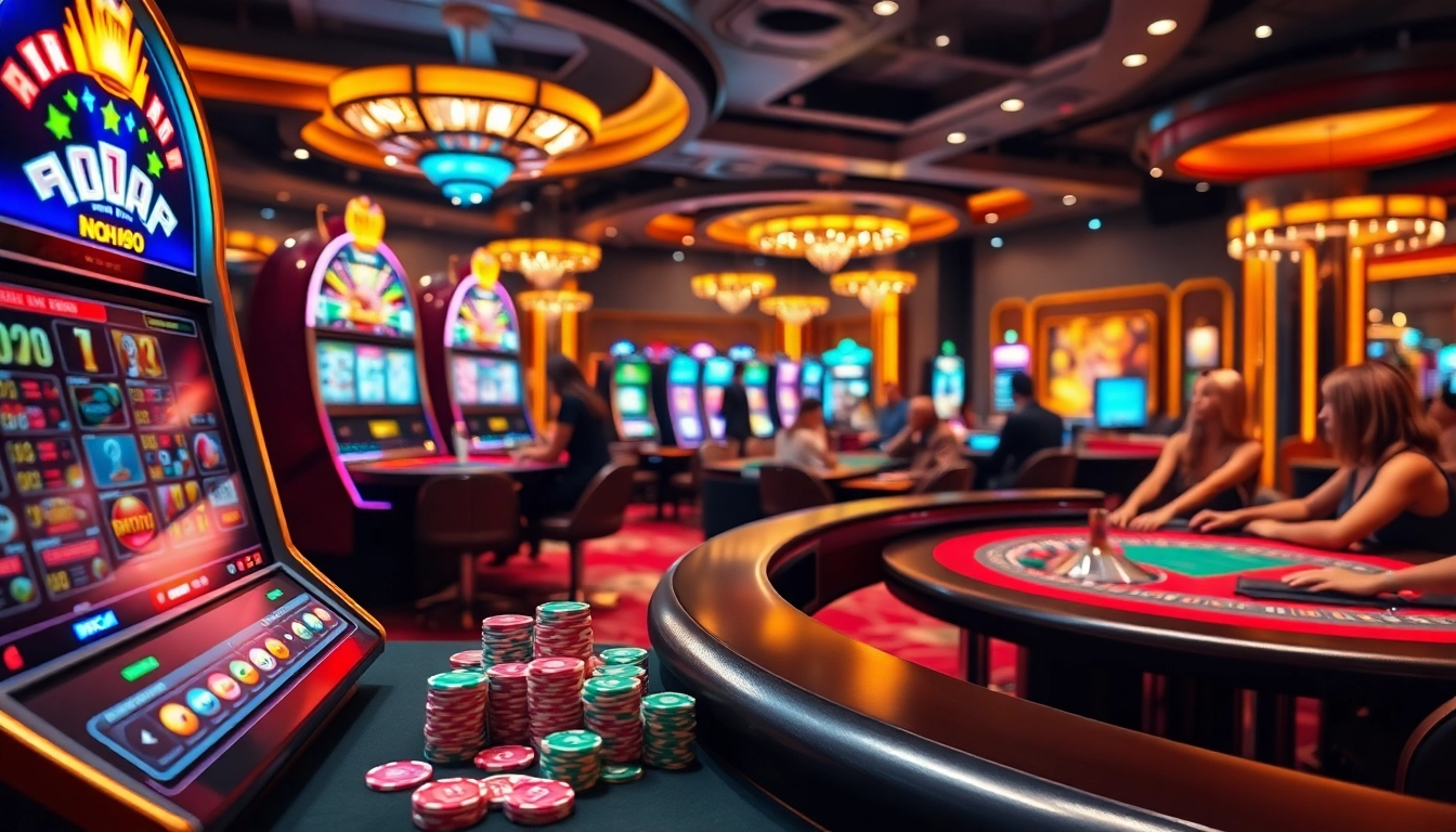 A dynamic gaming scene showcasing NOHU90 with casino tables, slot machines, and players enjoying thrilling bets.