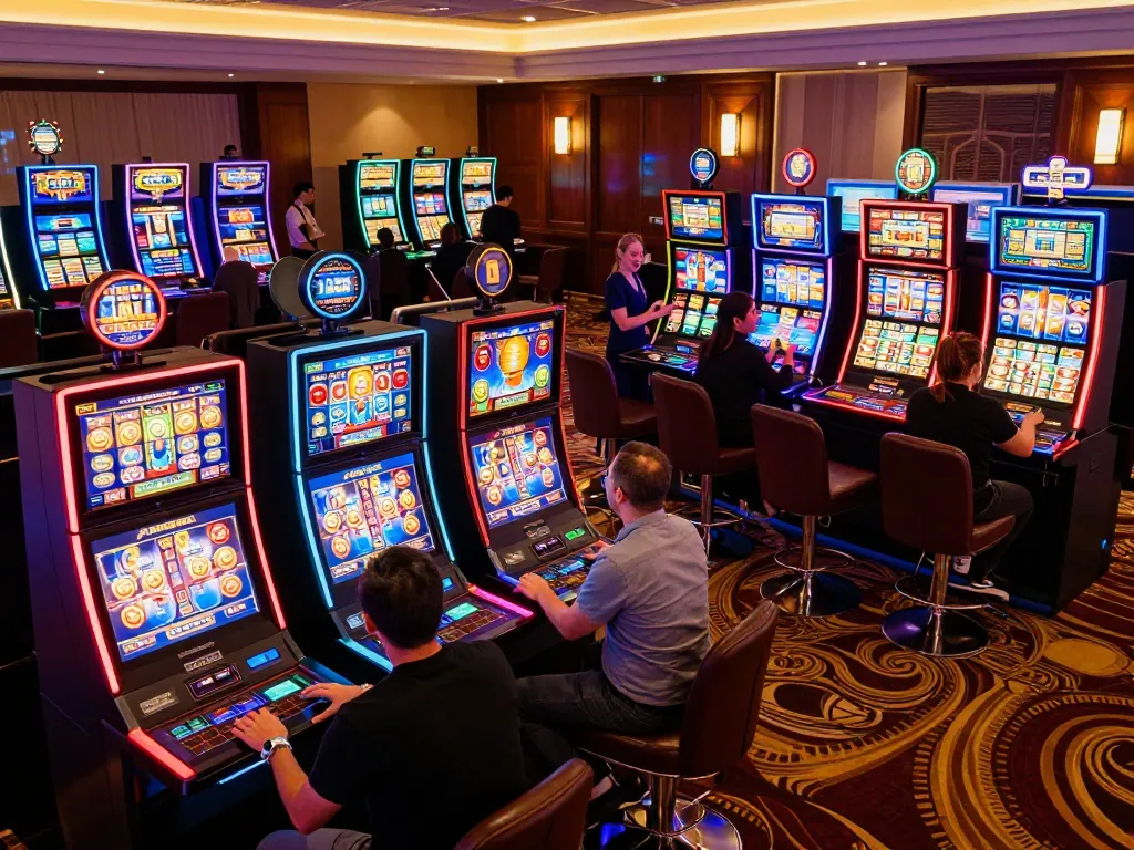 Players enjoying vibrant slot machines at LC88 casino, showcasing excitement and engagement.