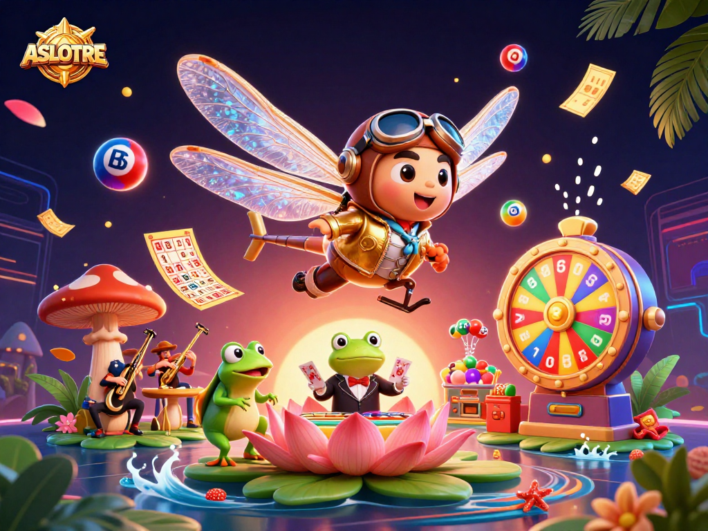 Play exciting casino games with ASLOTRE in this vibrant 3D illustration featuring dynamic elements.