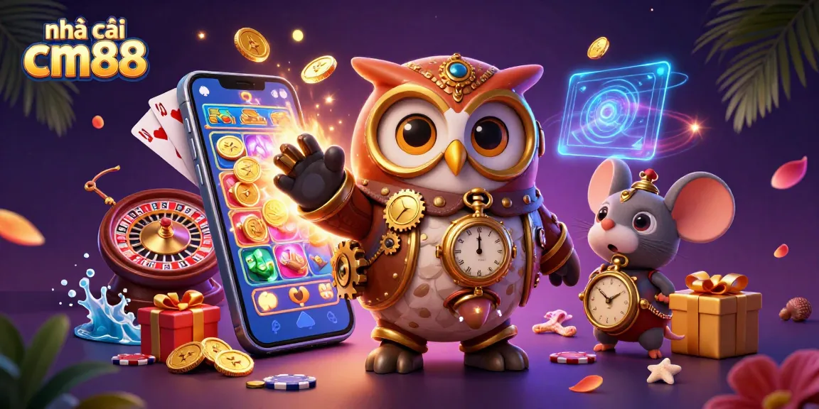 Engage in vibrant gaming with nhà cái cm88, featuring a time-traveler owl amidst casino elements.