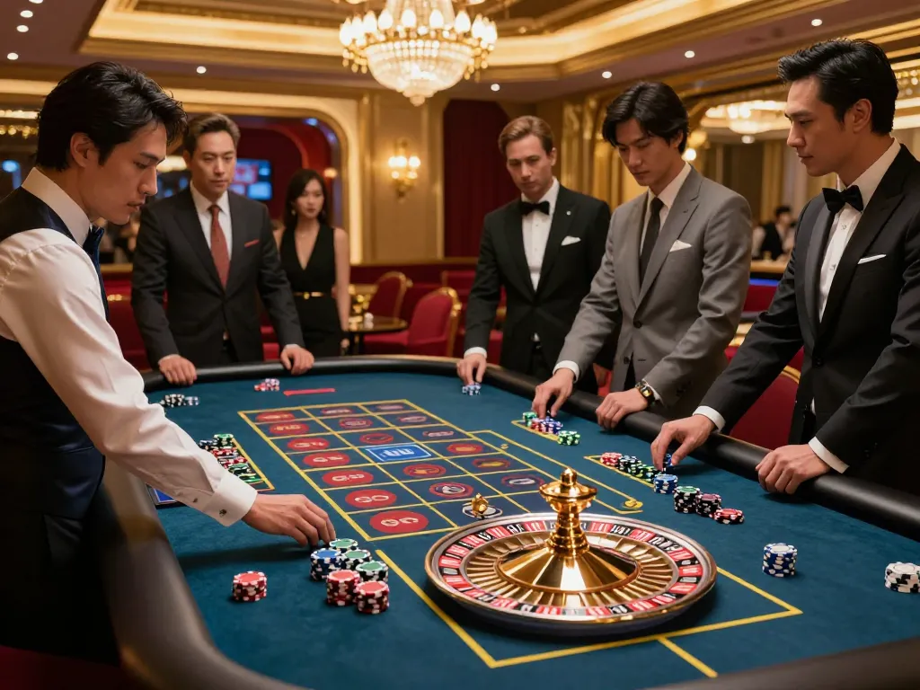 Players engaging in exciting roulette gameplay at KKWIN casino, showcasing vibrant table setup and high-stakes atmosphere