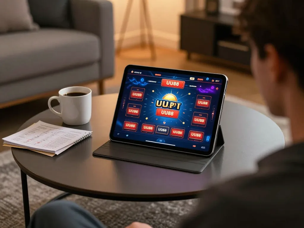 Engaging online gaming atmosphere at trang chủ UU88 showcasing a user on a tablet with a casino interface.
