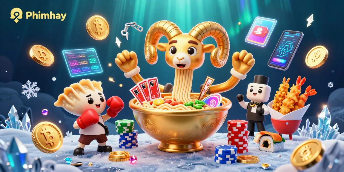 Engage with Phimhay's vibrant casino scene featuring a giant ramen bowl dealer and crypto elements.