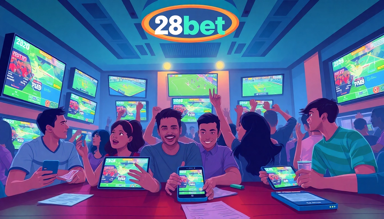 Vibrant scene of enthusiastic bettors enjoying live sports while engaging with 28bet.com, showcasing a lively sports bar atmosphere.