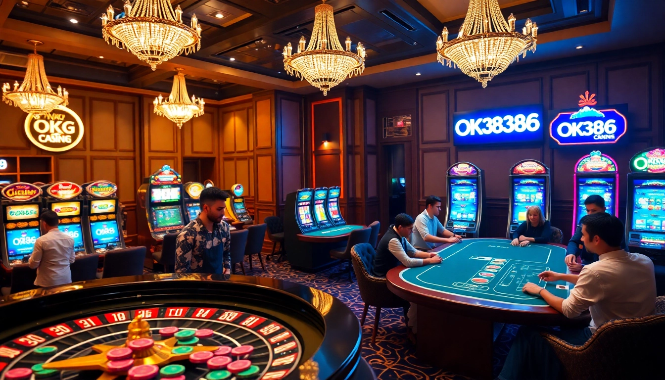 Experience thrill and professionalism with OK8386 at a bustling casino scene featuring roulette and poker tables.
