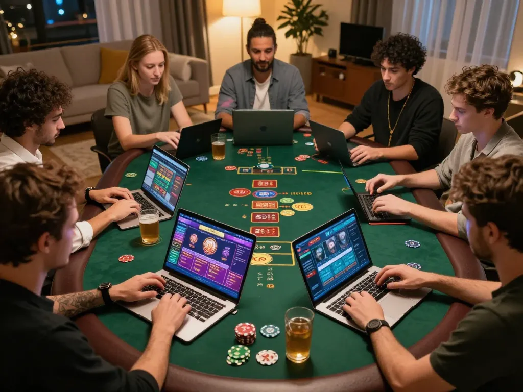 Players strategizing in an online casino gaming session with OPEN888 on their screens.