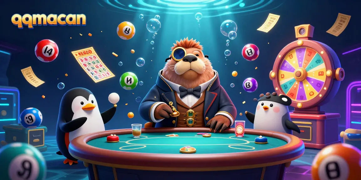 qqmacan offers a vibrant underwater poker scene with a walrus, penguin dealer, and pufferfish player.