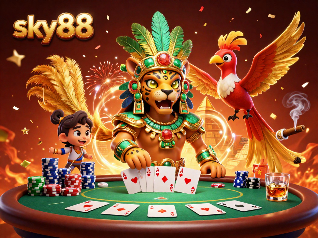 Engage with thrilling games at sky88, featuring vibrant 3D visuals of poker and casino excitement.