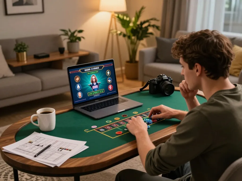 mm88 player engaged in live dealer game on laptop in cozy home setup