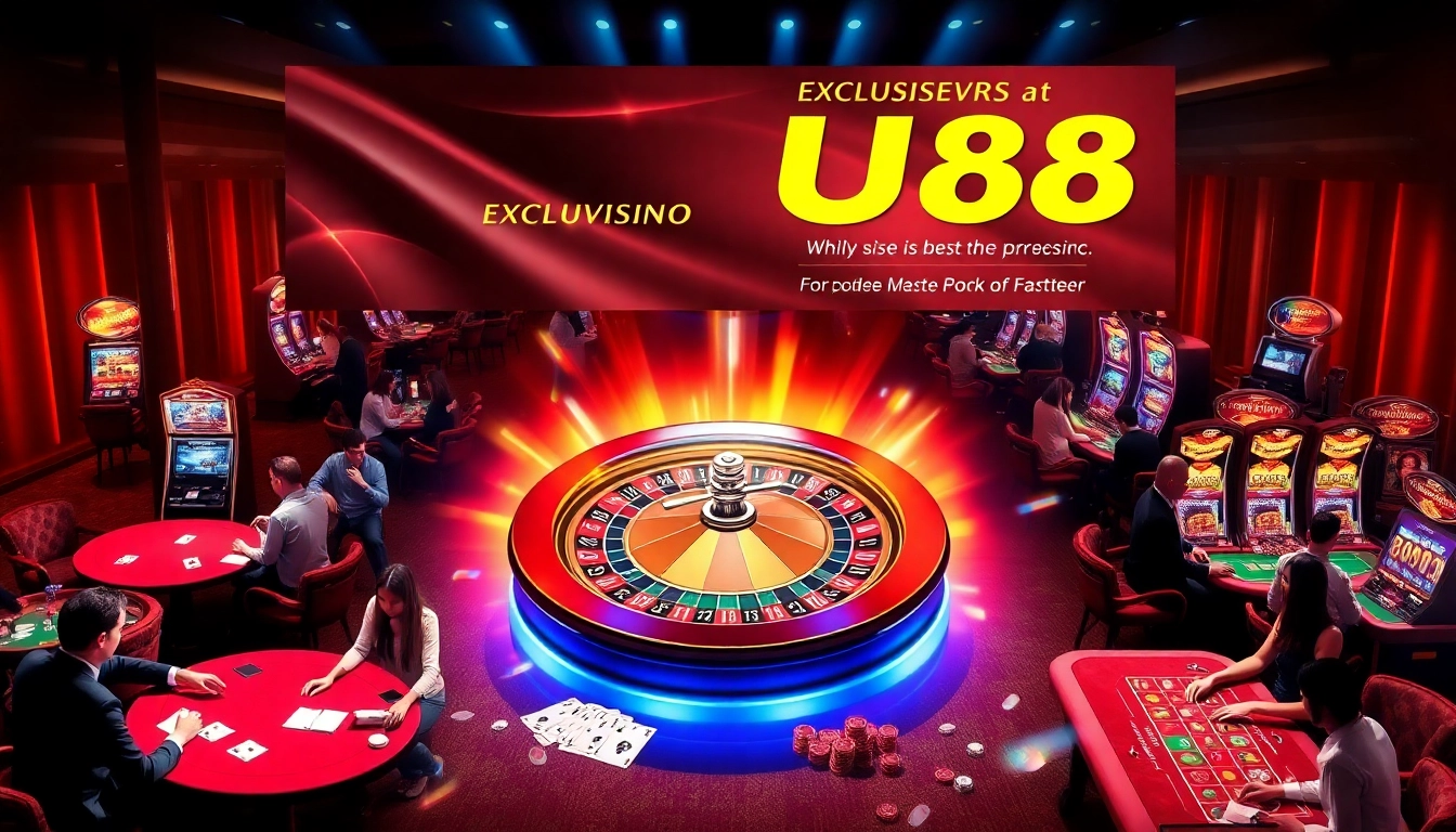 Players enjoying a lively casino environment at UU88, with roulette wheel, poker games, and vibrant slot machines.