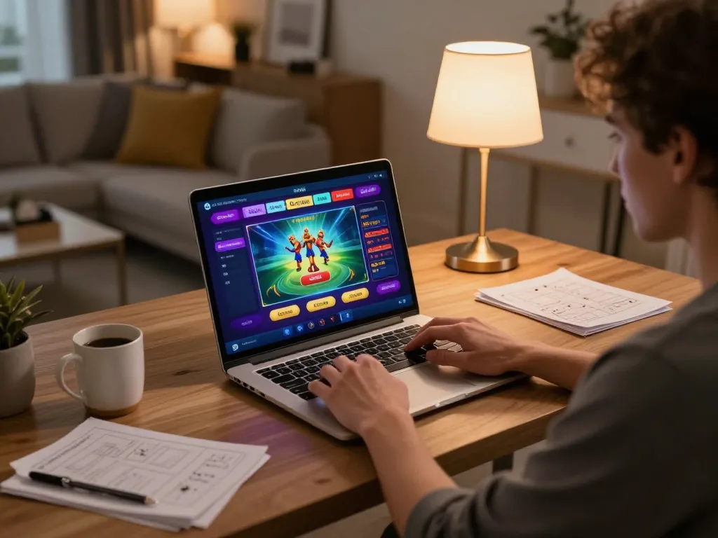 Player exploring Sunwin's online gaming platform on a laptop in a cozy home office