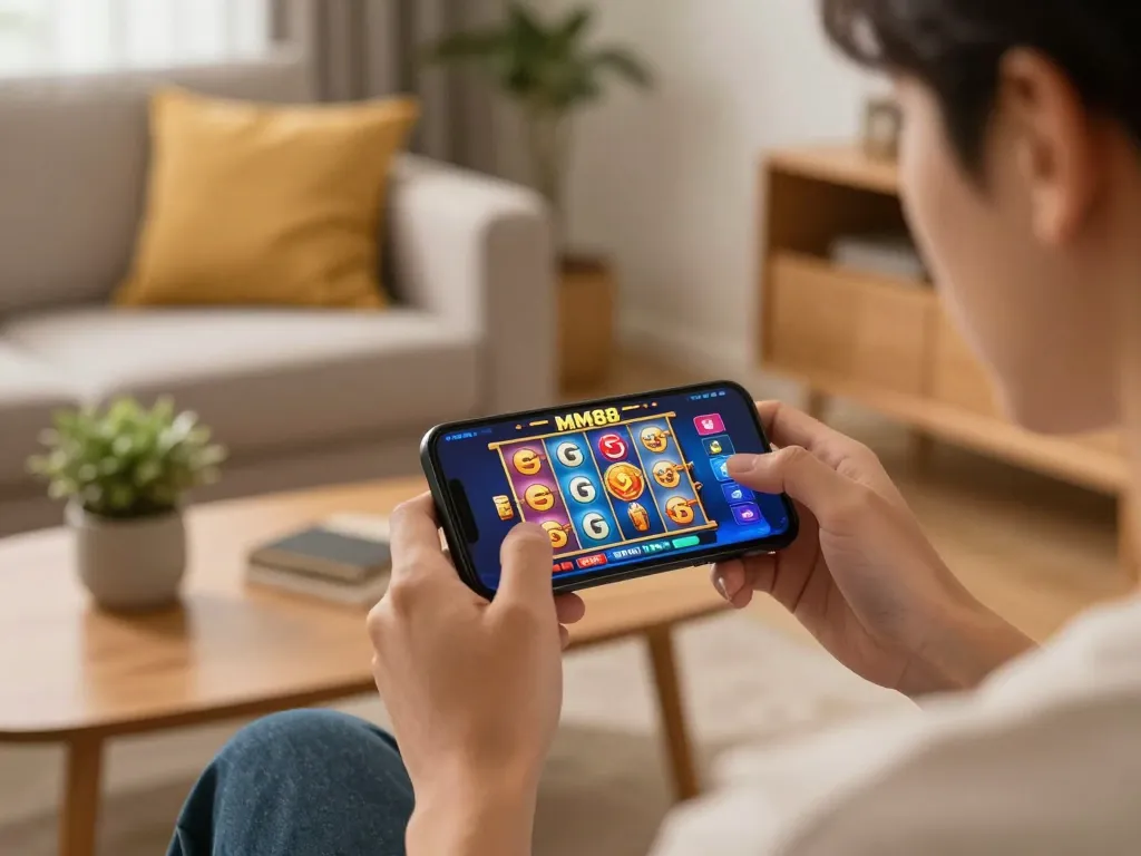 Engaging player enjoying MM88 mobile casino game on smartphone in cozy home setting
