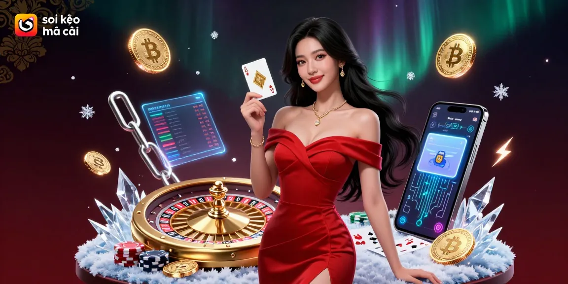 Soi kèo nhà cái, a beautiful young woman holds a golden playing card next to a golden roulette wheel in a luxurious casino.