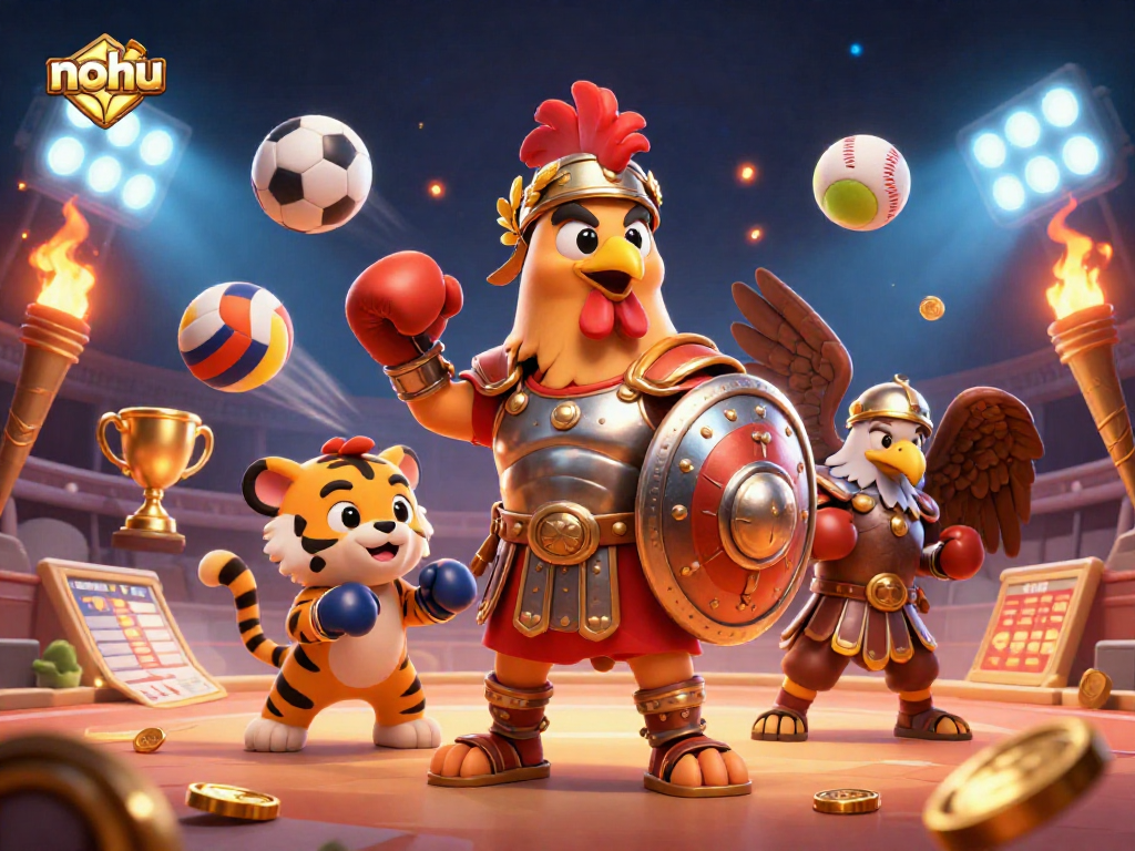 Nohu engages players with a lively scene of a gladiator rooster amidst dynamic sports betting elements.
