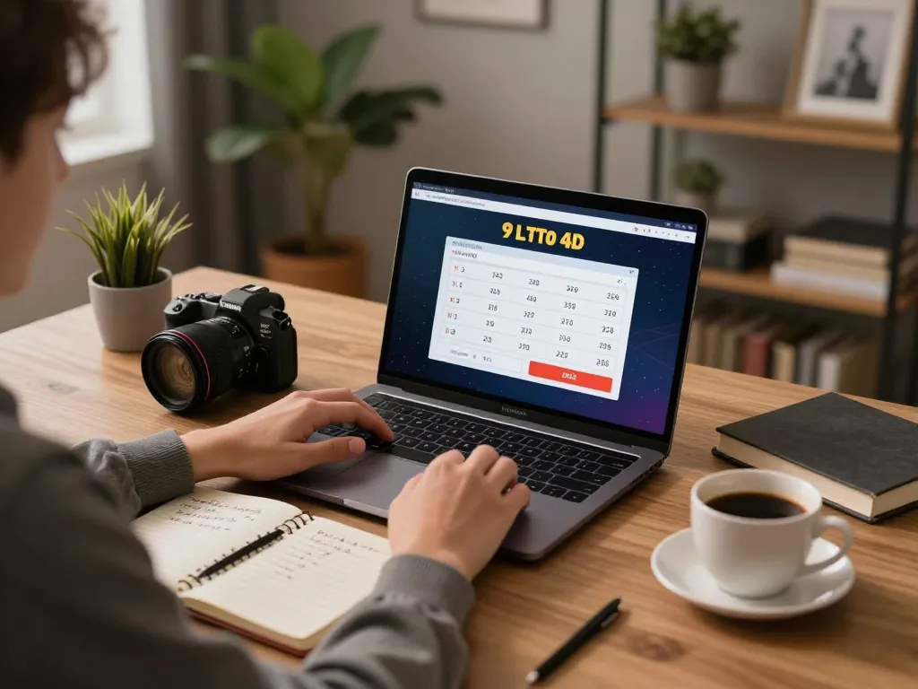 Engaged player balancing strategy and fun in a 9 Lotto 4D online game at home, cozy atmosphere.