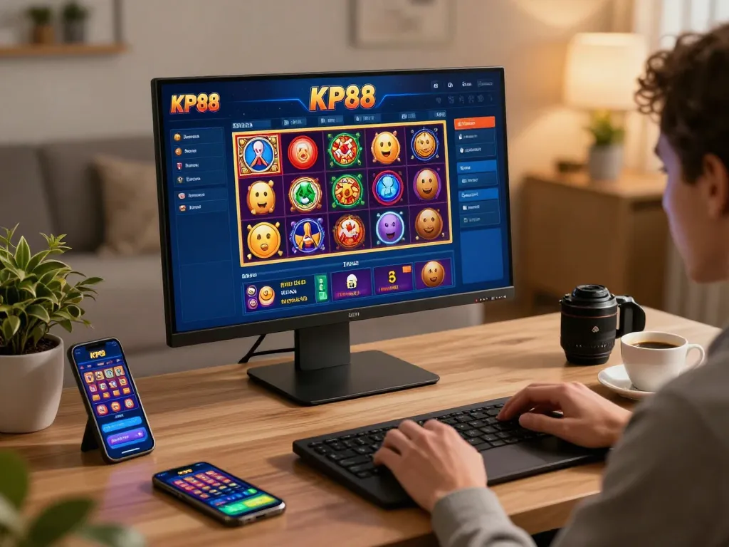 KP88 player immersed in dynamic online gaming at a stylish home setup, enjoying slots and live dealers.