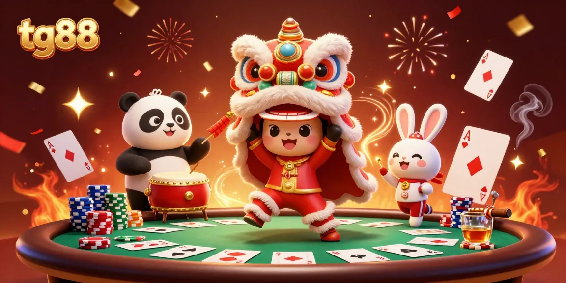 Experience the thrilling action with tg88 casino games featuring a vibrant lion dance and poker elements.