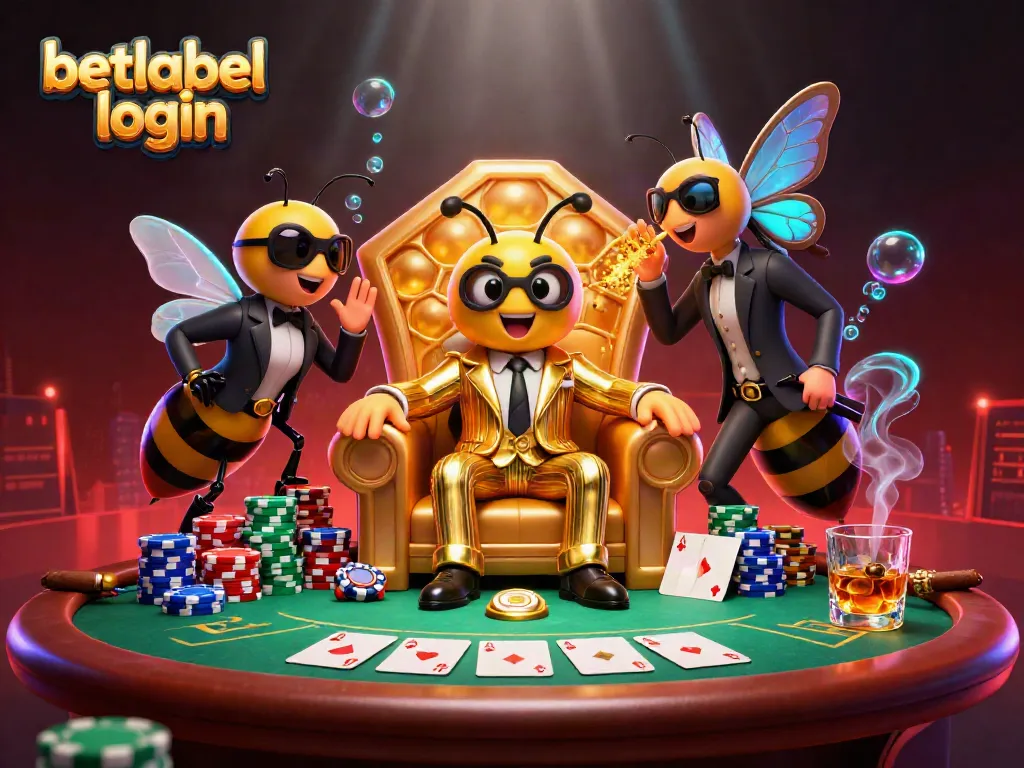 Engage with betlabel login in a vibrant casino scene featuring a bumblebee mob boss and poker action.