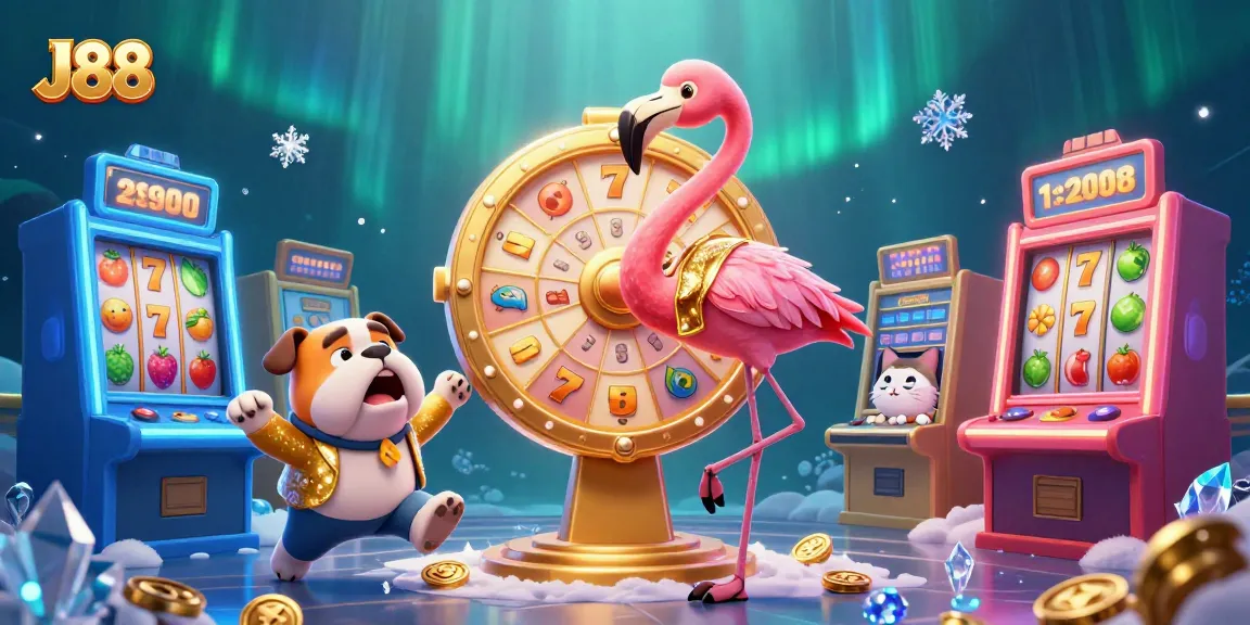 Spin to win at J88 with vibrant slot machines and animated characters in a lively casino scene.